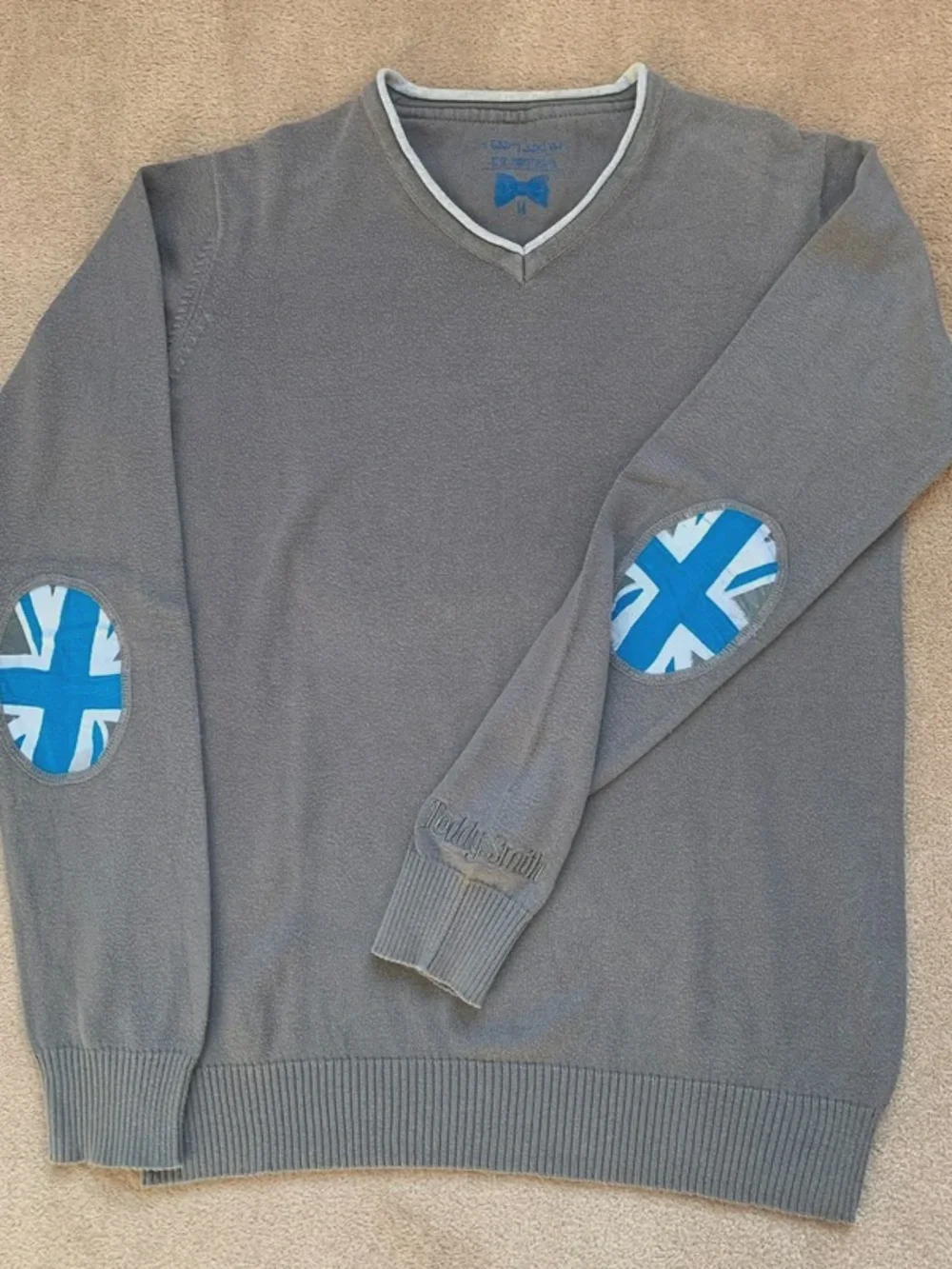 Men's Gray V-Neck Sweater with Blue Elbow Patches